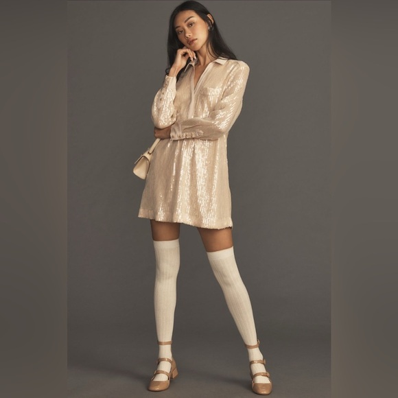 Anthropologie Dresses & Skirts - Anthropologie’s Pilcro Longsleeve Sequin Mini Shirt Dress in Ivory - New!